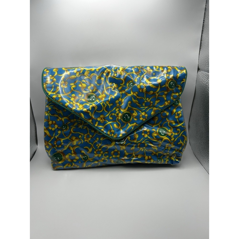 Vintage 90s Oscar de la Renta Blue Gold PVC Cosmetic Make Up Travel Bag